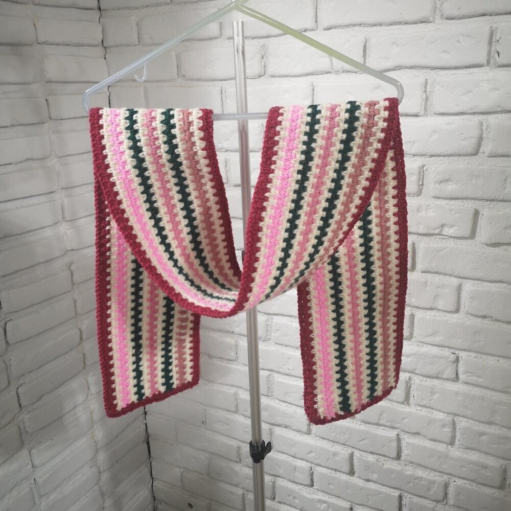 Unisex Handmade Crochet Rose, Pink, Green, & White Scarf